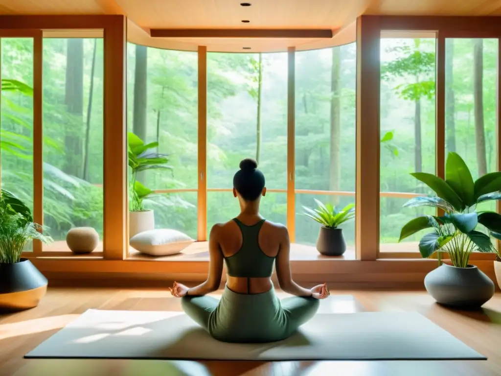 Espacio de meditación moderno en la naturaleza Persona meditando en sala con vistas a bosque, enfocada en beneficios de meditación en sistema inmunológico