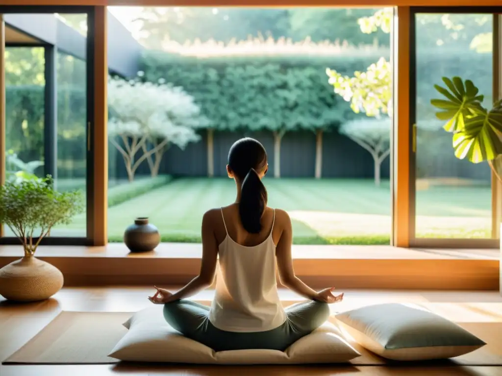 Meditación tranquila en sala moderna con jardín sereno Persona meditando en un salón moderno con vista al jardín, transmitiendo calma y tranquilidad