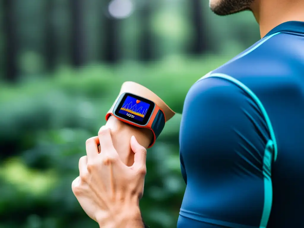 Monitoreo de salud inalámbrico durante actividad física al aire libre Persona con ECG portátil y salud inmunológica en actividad al aire libre, mostrando datos de frecuencia cardíaca en tiempo real