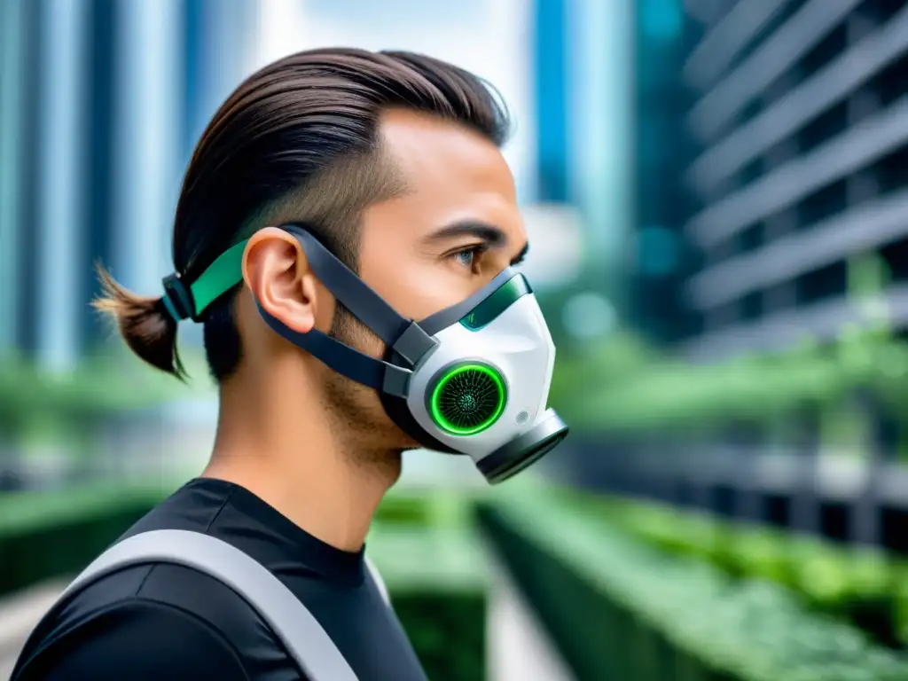 Respirador personal inteligente: protección avanzada en entornos urbanos Persona segura usando respirador personal inteligente, defensa inmunológica en entorno urbano moderno