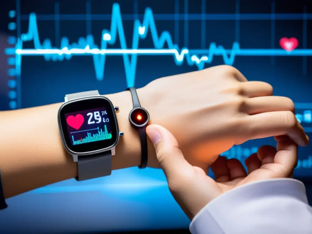 Avance de la tecnología: Monitoreo de salud en tiempo real Una persona usa un sensor wearable de alta tecnología para capturar datos de salud en tiempo real, con gráficos detallados en un smartphone