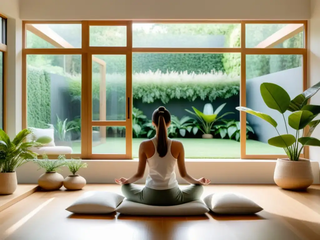 Serenidad en un moderno espacio de meditación Persona meditando en sereno cuarto con vista a jardín