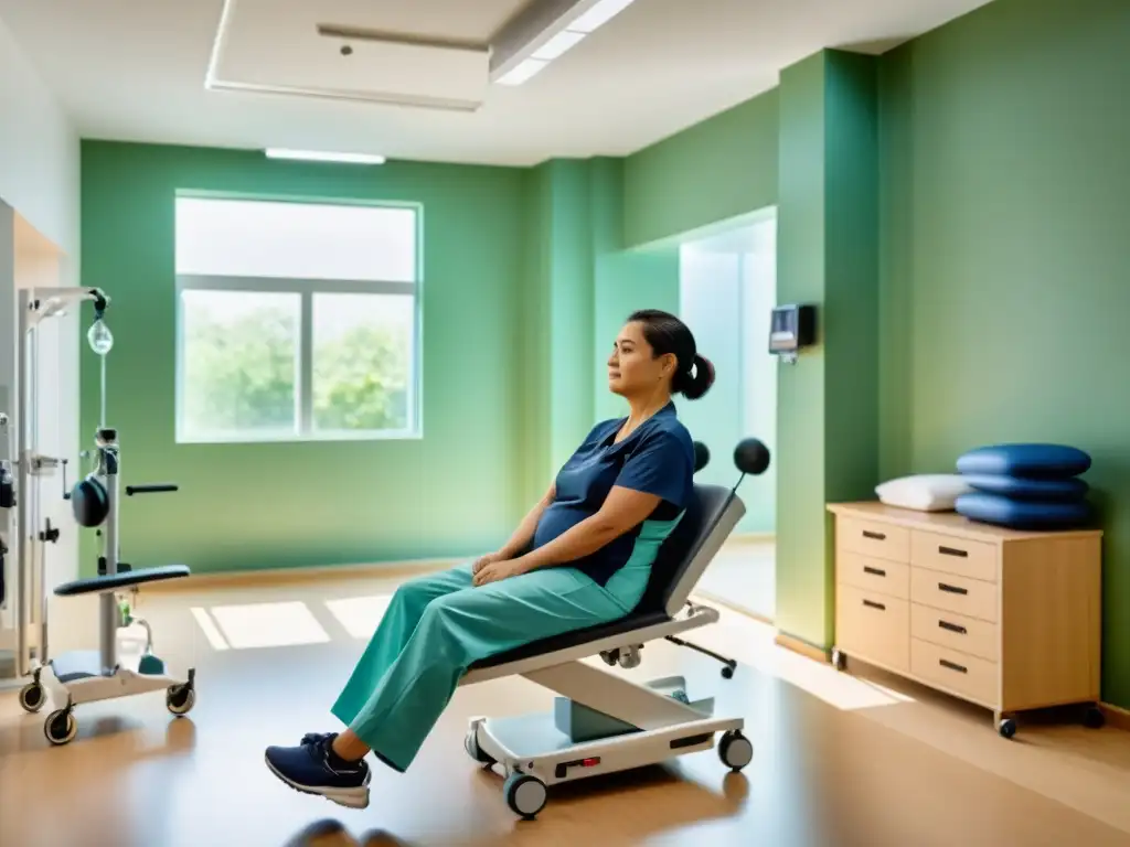 Rehabilitación llena de esperanza: recuperación de Guillain-Barré Persona en rehabilitación para síndrome de Guillain-Barré, con equipo médico brindando apoyo en un centro moderno y luminoso