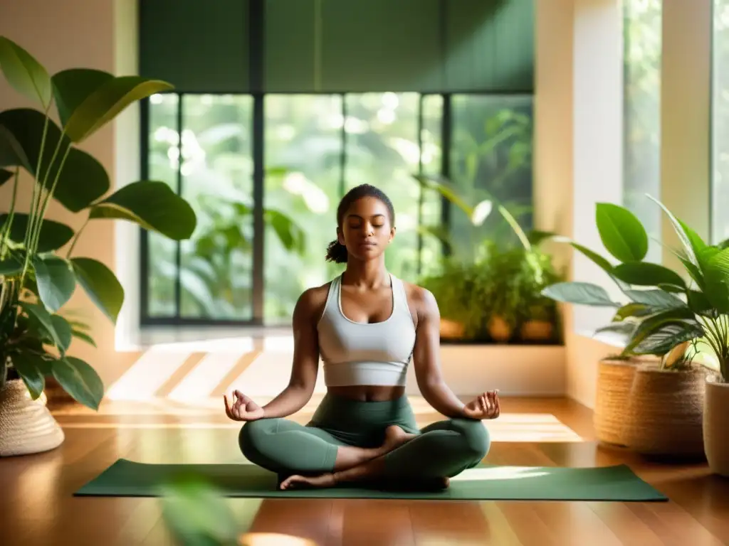 Persona practicando mindfulness para fortalecer sistema inmunológico en acogedora habitación iluminada por el sol, rodeada de plantas verdes