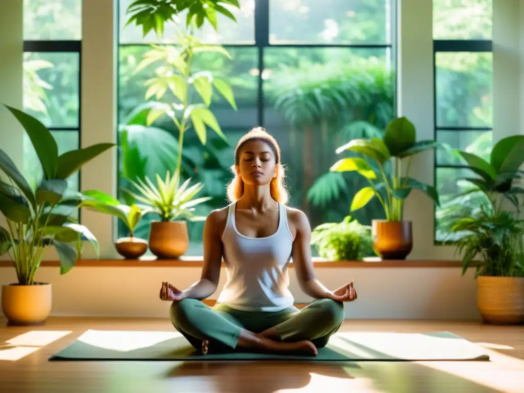 Meditación mindfulness en un entorno natural y tranquilo 'Persona practicando mindfulness para fortalecer sistema inmunológico en un ambiente sereno y lleno de plantas verdes'