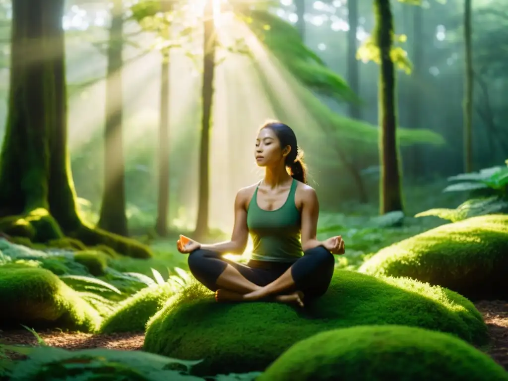 Persona meditando para fortalecer sistema inmunológico en el bosque verde, con luz dorada entre los árboles, rodeada de calma y serenidad