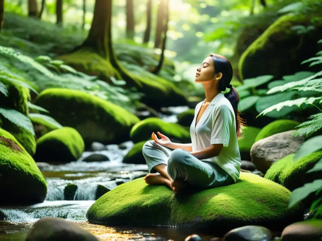 Mediación mindfulness en el bosque: calma y serenidad Persona practicando mindfulness para fortalecer sistema inmunológico en un bosque sereno y tranquilo