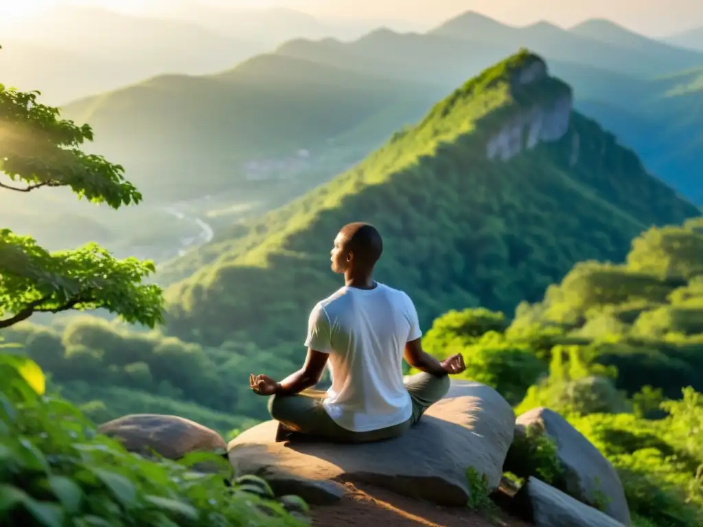 Mediación mindfulness en la cima: conexión y serenidad Persona practicando mindfulness para fortalecer sistema inmunológico en la cima de la montaña, en conexión con la naturaleza y serenidad