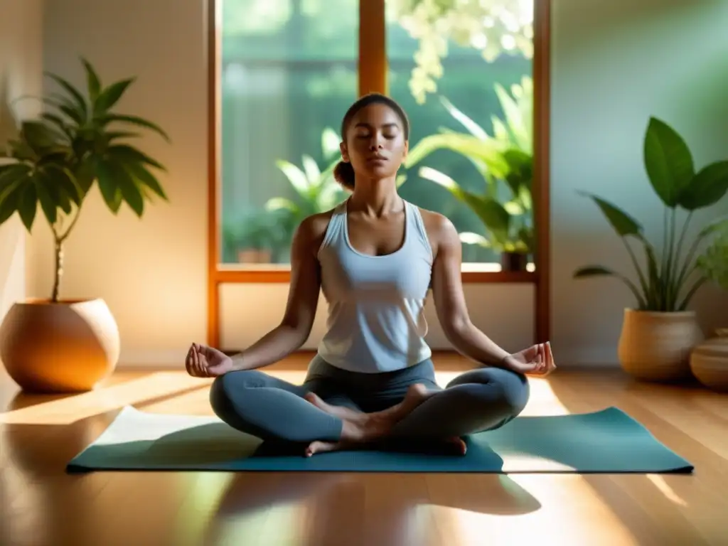 Mediación en la luz: Serenidad en yoga Persona en meditación para fortalecer sistema inmunológico en habitación iluminada por el sol, rodeada de calma y serenidad