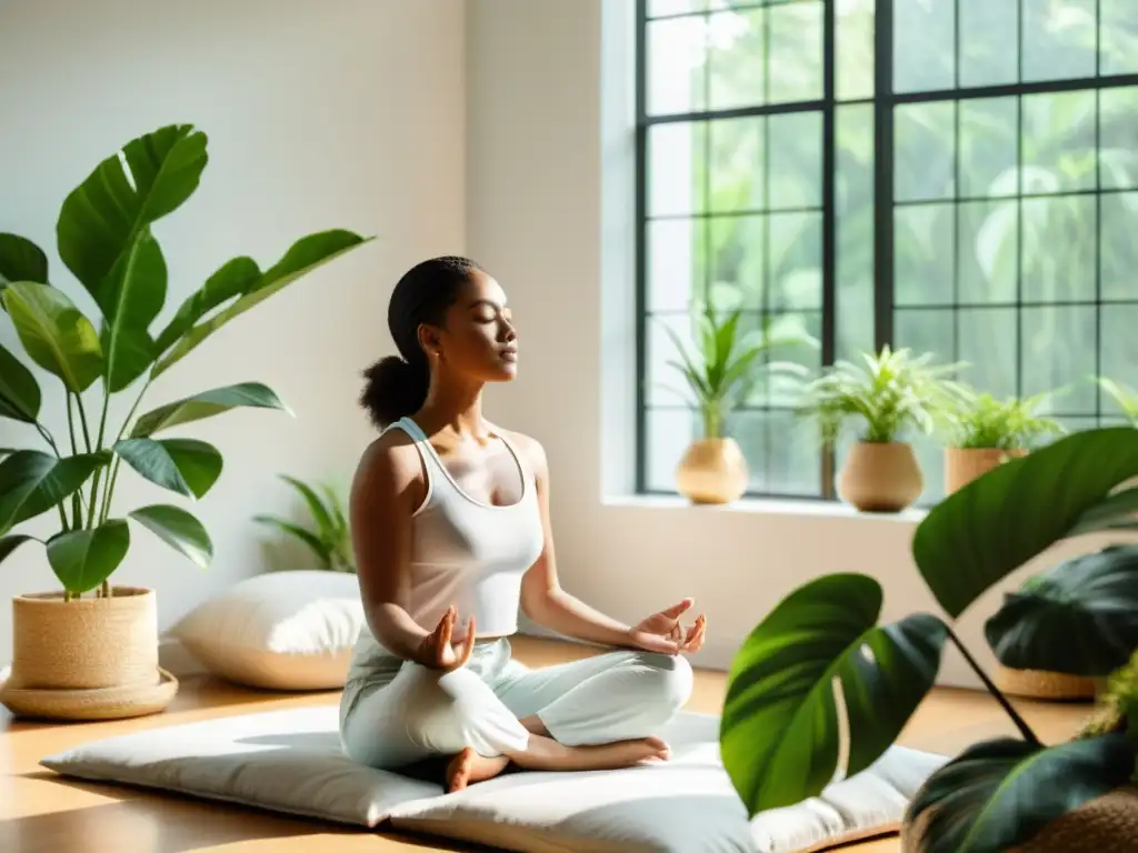 Persona meditando para fortalecer sistema inmunológico en luminosa habitación minimalista con plantas verdes y luz suave
