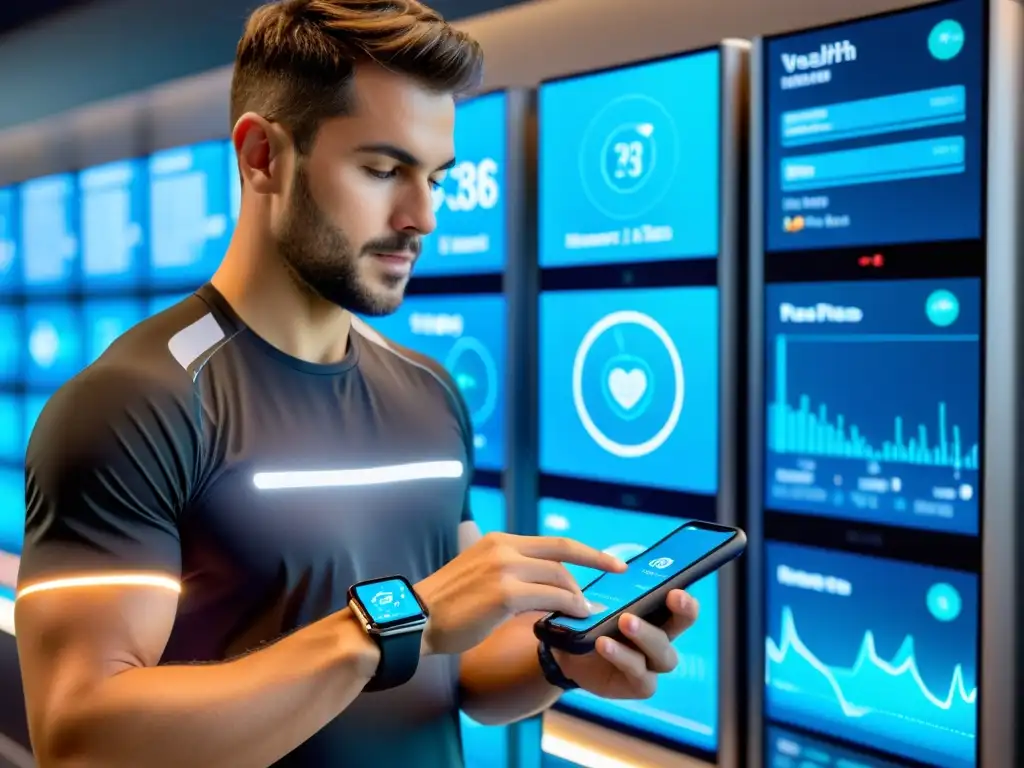 Salud digital: Integración perfecta con dispositivos inteligentes Una persona utiliza su smartphone para integrar apps y dispositivos de salud, fortaleciendo el sistema inmunológico en un entorno futurista