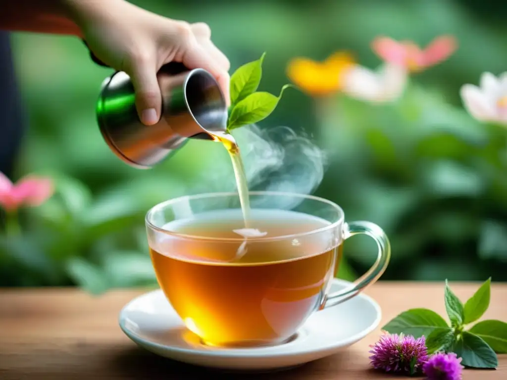 Infusión herbal reconfortante con vapor y naturaleza Una persona sostiene una taza de té de hierbas humeante con hojas verdes y flores