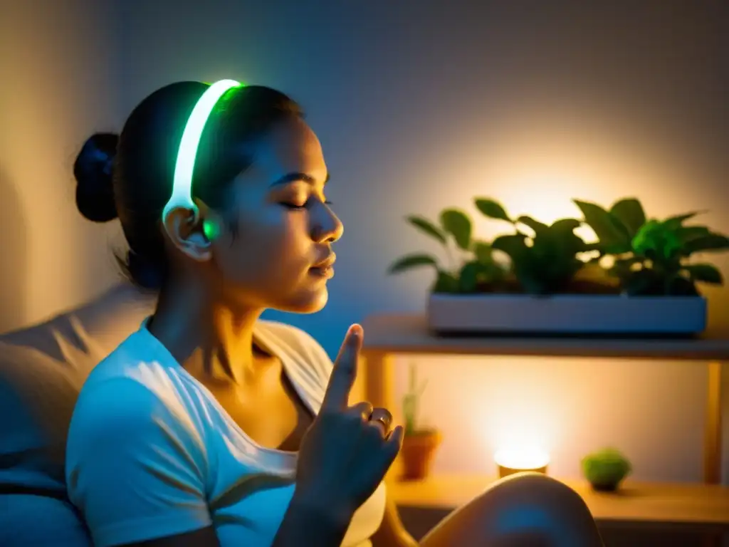 Práctica de biofeedback para manejo del estrés Persona practicando técnicas de biofeedback para controlar estrés en una habitación tranquila y relajante, con los ojos cerrados