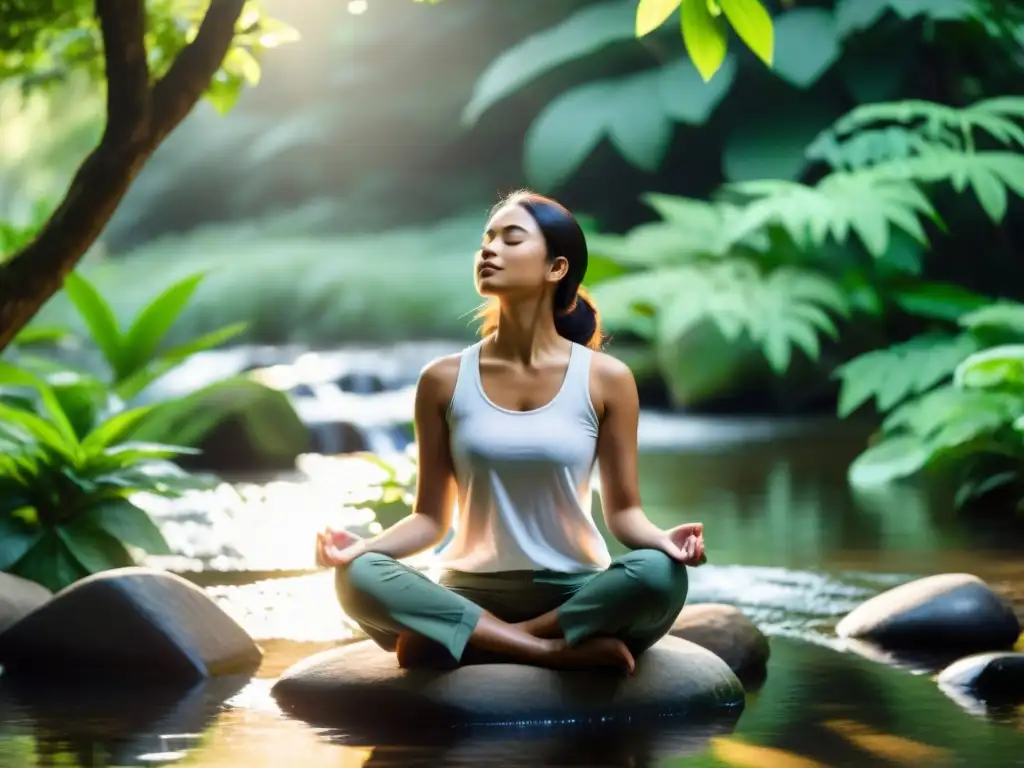 Práctica de Mindfulness en la Naturaleza Persona practicando técnicas de relajación en un entorno natural, rodeada de vegetación y luz suave