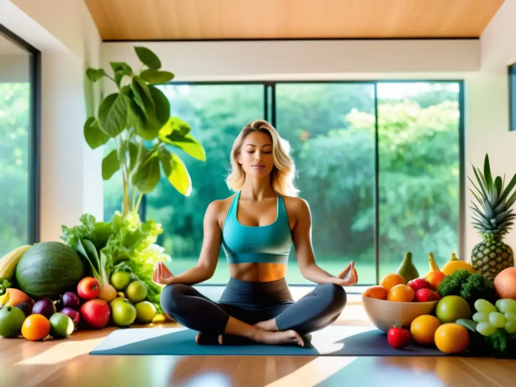 Mejora inmunológica: yoga, meditación, alimentación saludable y naturaleza Persona practicando técnicas para fortalecer el sistema inmunológico y reducir el estrés en un espacio luminoso y moderno