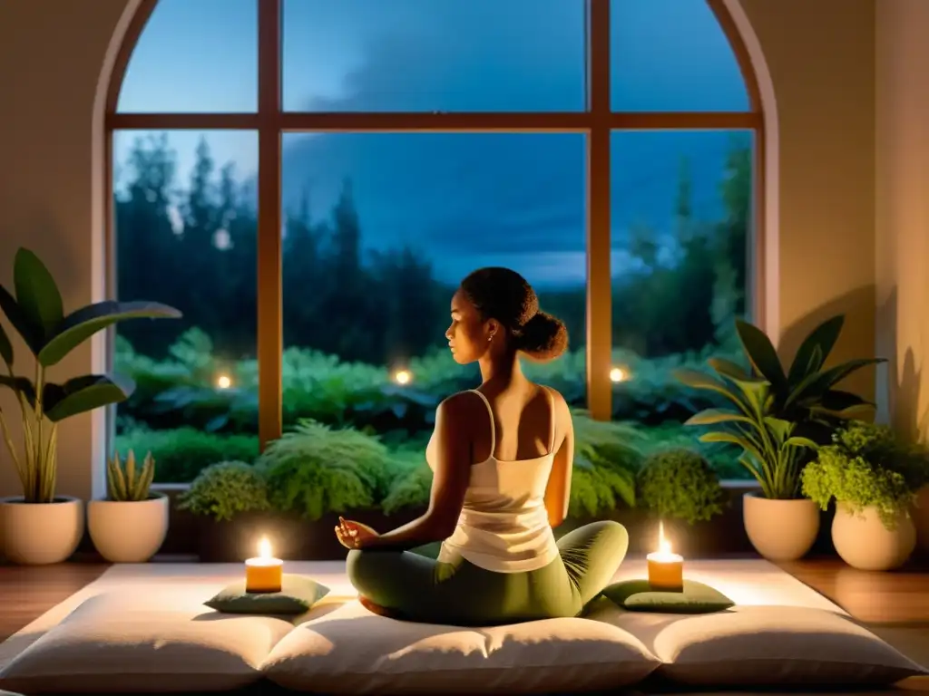 Meditación nocturna: fortalece tu sistema inmune Persona meditando en la tranquilidad de la noche, rodeada de luz de velas y plantas