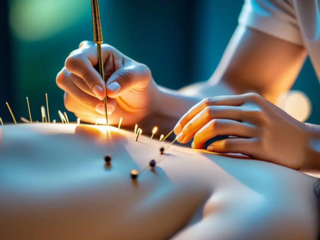 Acupuntura experta en clínica moderna Persona recibiendo tratamiento de acupuntura en clínica moderna y limpia
