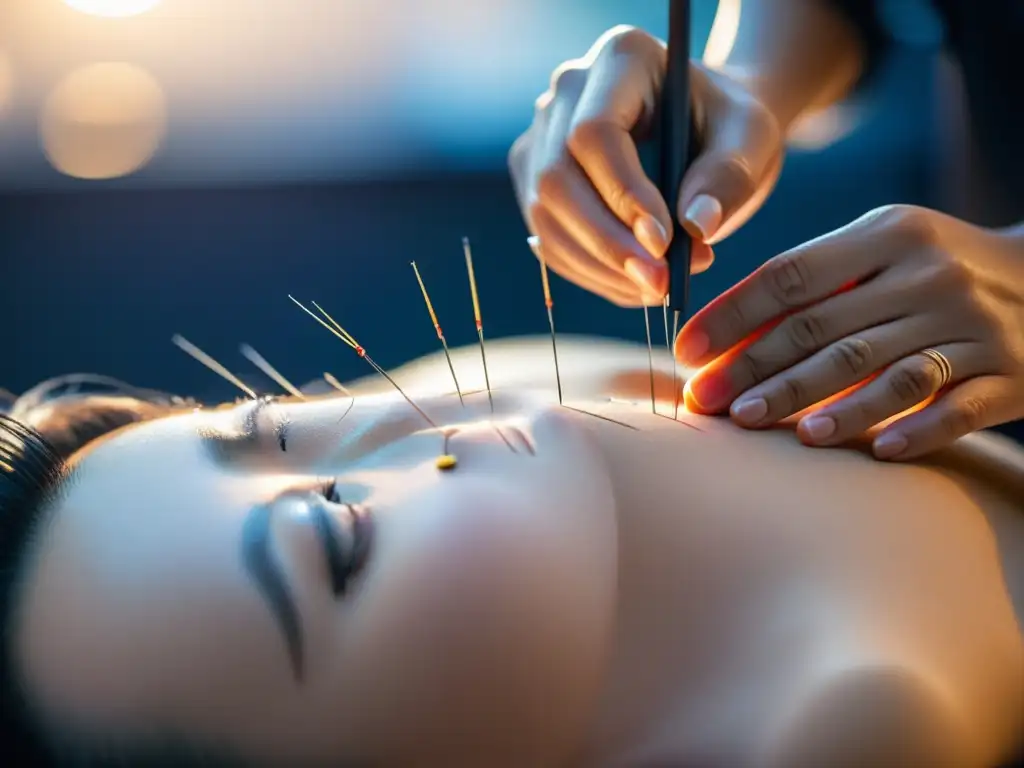 Acupuntura: Detalles serenos y profesionales Persona recibiendo tratamiento de acupuntura con detalle y serenidad