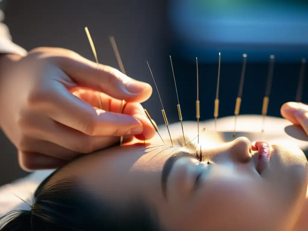 Acupuntura: Detalles Precisos y Serenidad Persona recibiendo tratamiento de acupuntura para fortalecer sistema inmunológico, con agujas finas en puntos específicos del cuerpo
