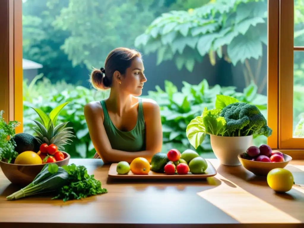 Vitalidad y bienestar entre plantas y frutas frescas Una persona disfruta de una variedad de frutas y verduras frescas en un entorno natural, transmitiendo vitalidad y bienestar