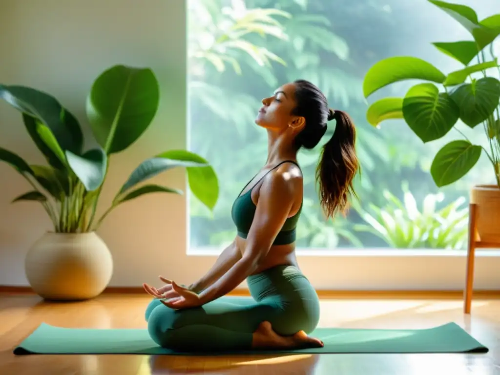 Vinyasa Yoga: Fortaleza y Serenidad en Estudio Luminoso Persona practicando Vinyasa Yoga en un estudio sereno y soleado, irradiando fuerza y vitalidad