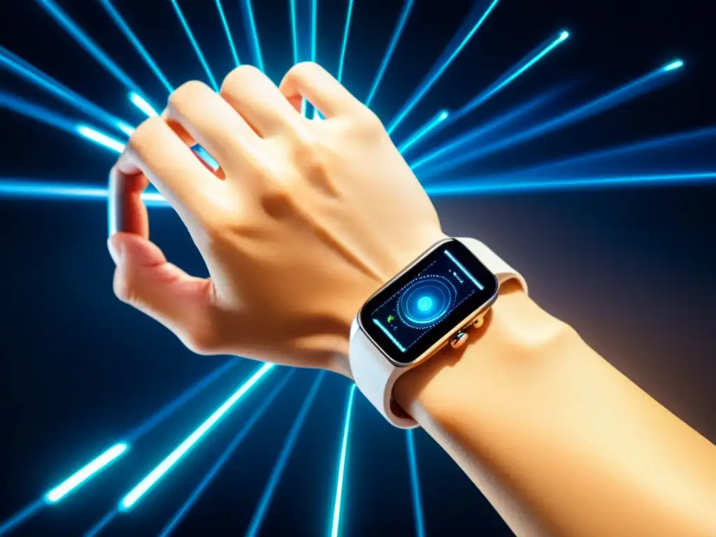 Persona con wearable futurista proyectando análisis predictivo salud inmunológica en holograma