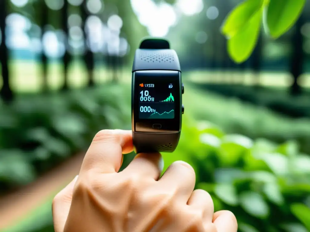 Monitor de salud en tiempo real mientras se ejercita Persona usando wearables para medir respuesta inmune al hacer ejercicio en entorno natural