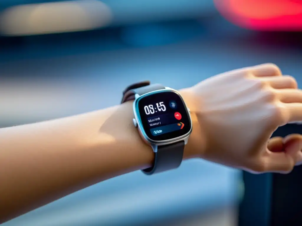 Dispositivo de salud futurista para fortalecer el sistema inmune Persona usando wearables para fortalecer sistema inmunológico en entorno futurista y minimalista, con datos de salud en pantalla