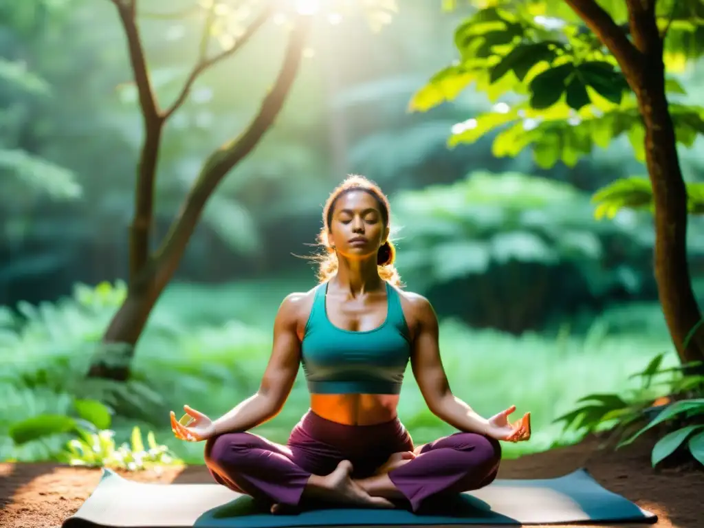 Yoga inmune-boost: Guerrero en la naturaleza Una persona practicando yoga al aire libre en un entorno natural sereno, rodeada de exuberante vegetación y luz solar filtrándose entre los árboles