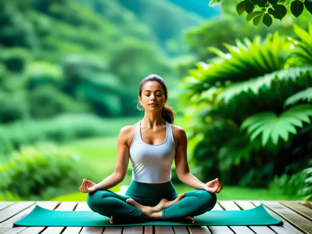 Yoga en la Naturaleza: Serenidad y Equilibrio Persona practicando yoga al aire libre entre exuberante vegetación, transmitiendo serenidad y equilibrio