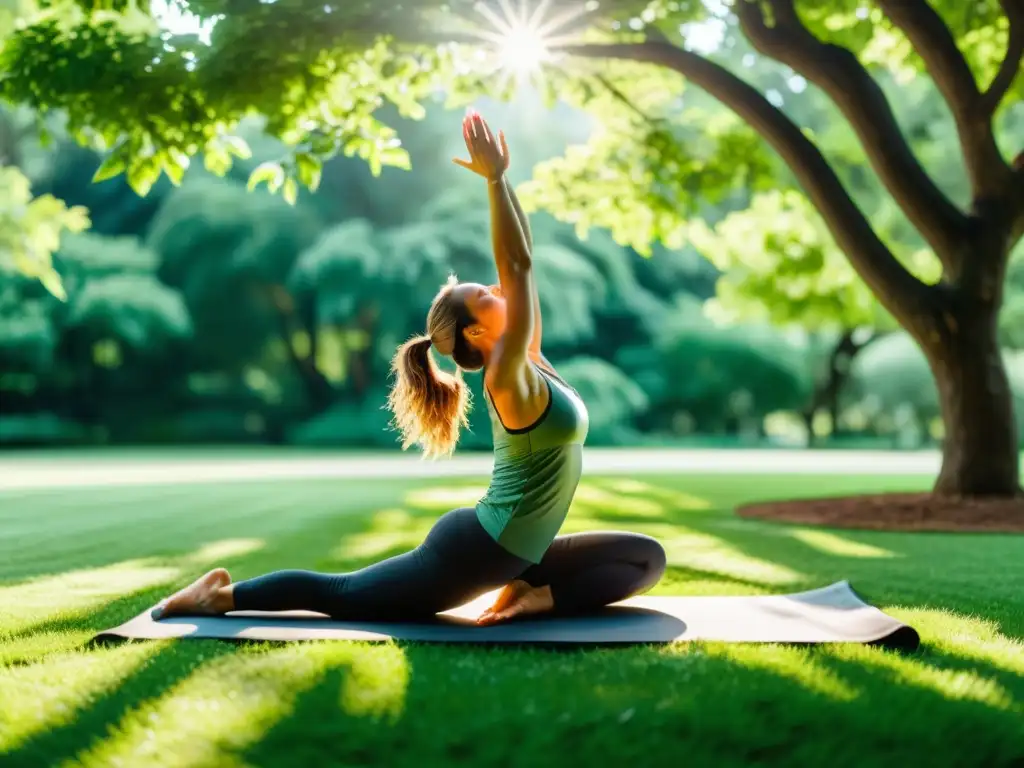 Yoga al aire libre: Fortaleza y serenidad en la naturaleza Persona haciendo yoga al aire libre en un parque, rodeada de naturaleza exuberante y sol