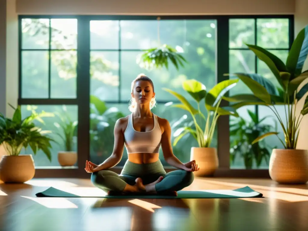 Práctica de yoga en un espacio sereno y moderno Persona practicando yoga en ambiente sereno con plantas