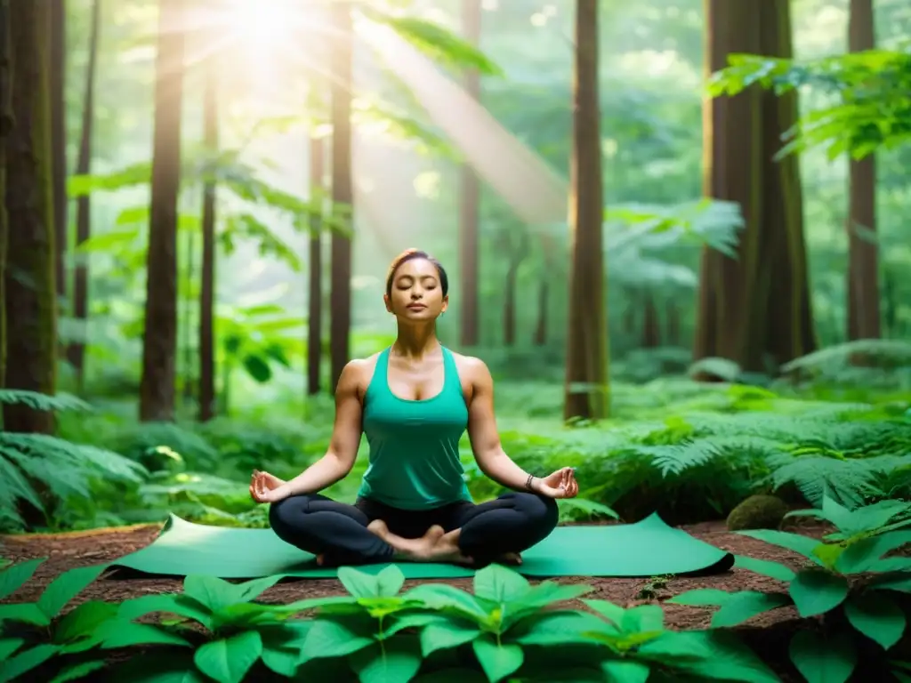 Yoga en el bosque: conexión natural y armonía Persona practicando yoga en un bosque exuberante, conectando con la naturaleza y el poder curativo para el sistema inmunológico