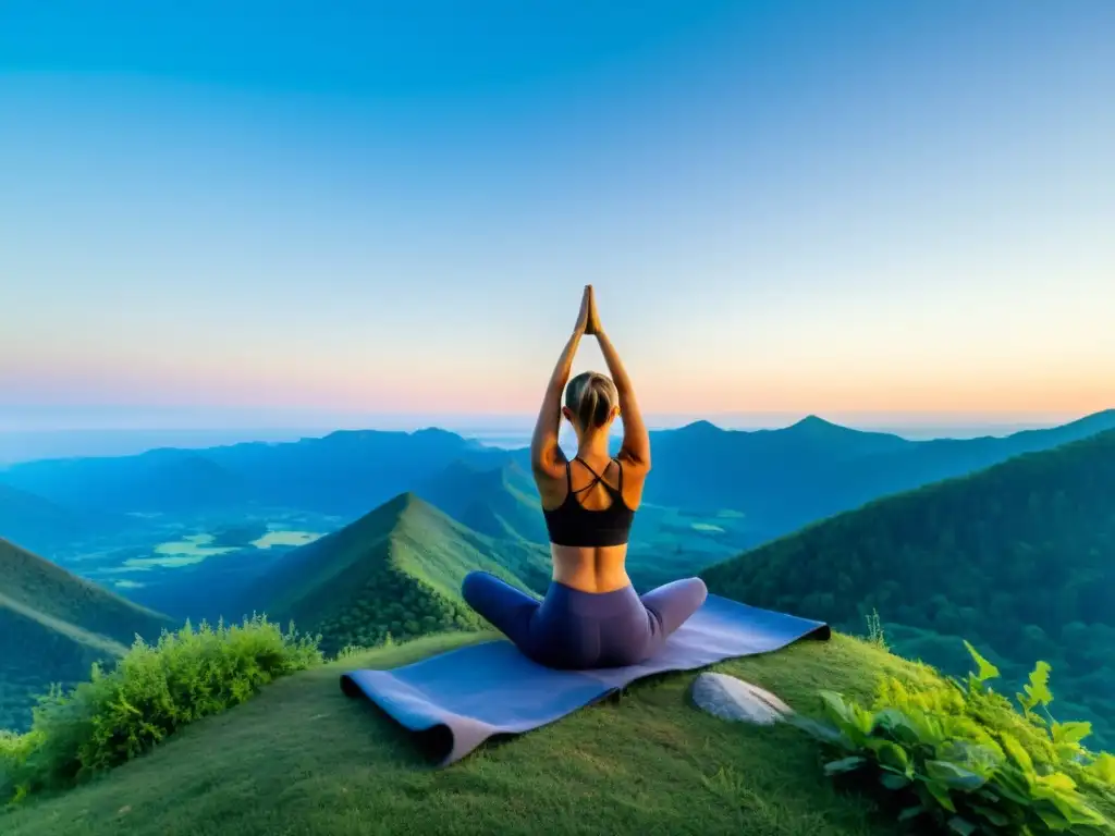 Persona practicando yoga en la cima de una montaña al amanecer, rodeada de exuberante vegetación y cielo azul