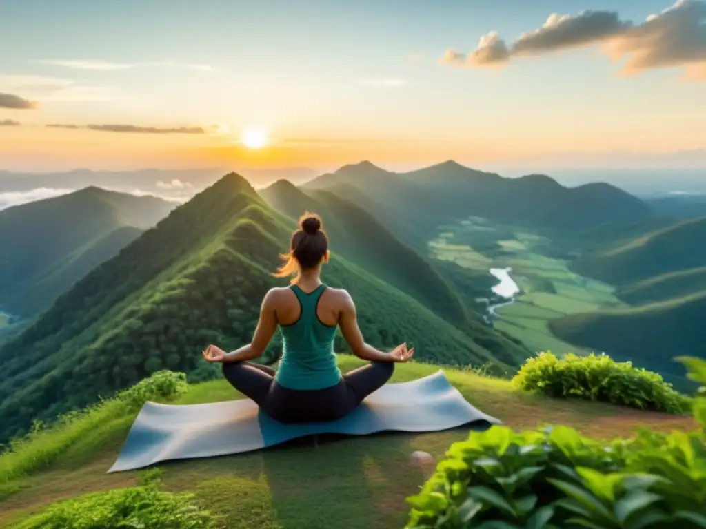 Yoga en la cima: Serenidad y equilibrio en la naturaleza Una persona practicando yoga en la cima de una montaña, rodeada de exuberante vegetación y con el sol saliendo