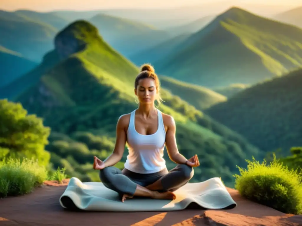 Yoga en la cima: Serenidad y fortaleza en la naturaleza Persona practicando yoga en la cima de una montaña, rodeada de naturaleza exuberante, transmitiendo historias inspiradoras de resiliencia