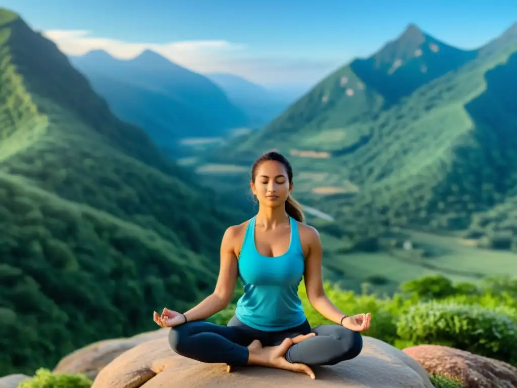 Yoga en la cima: armonía y rejuvenación en la naturaleza Persona practicando yoga en la cima de una montaña serena, rodeada de exuberante vegetación y cielo azul