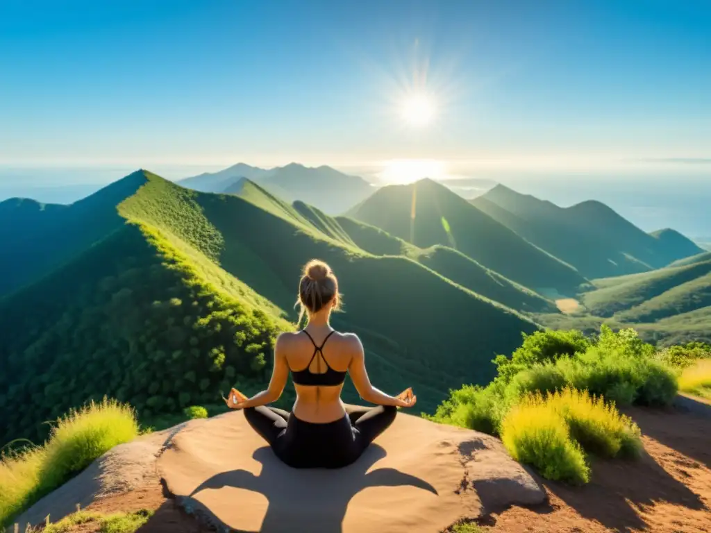 Persona practicando yoga en la cima de una montaña, rodeada de exuberante vegetación y cielo azul