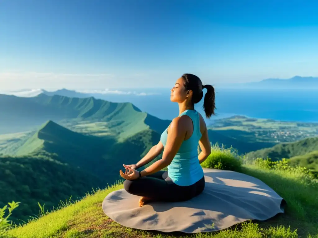 Yoga en la cima: Serenidad y paz en la montaña Persona practicando yoga en la cima de la montaña, rodeada de naturaleza