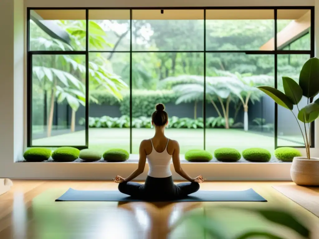 Espacio de yoga sereno en sala minimalista con vista al jardín Persona practicando yoga en salón contemporáneo con vista a jardín, transmitiendo calma y bienestar