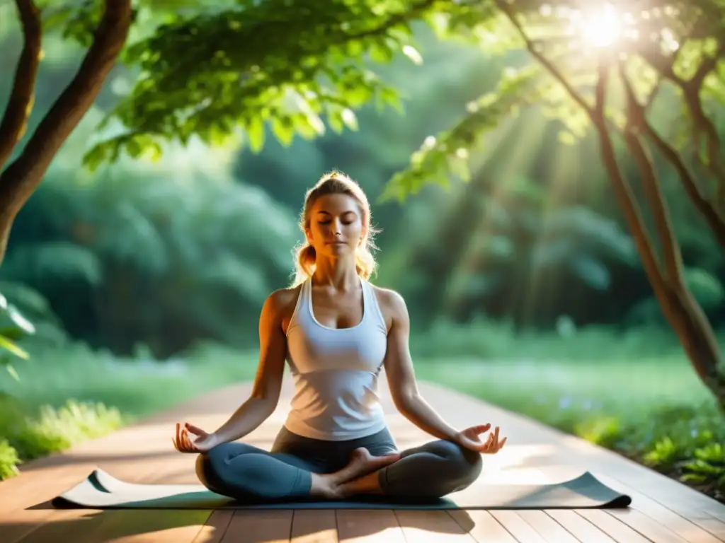 Yoga en la naturaleza: equilibrio y armonía Una persona practicando yoga en un entorno natural y tranquilo, rodeada de vegetación y luz solar