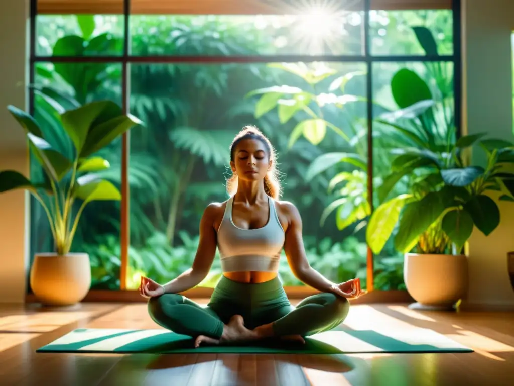 Yoga en la luz: serenidad y balance en 8k Persona practicando yoga en un entorno sereno y luminoso, rodeada de plantas verdes