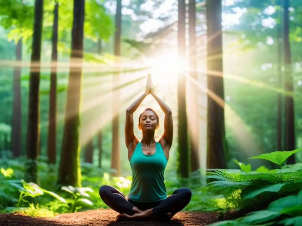 Yoga en el bosque: Renovación y fortaleza Persona practicando yoga en un frondoso bosque, expresando paz y fuerza