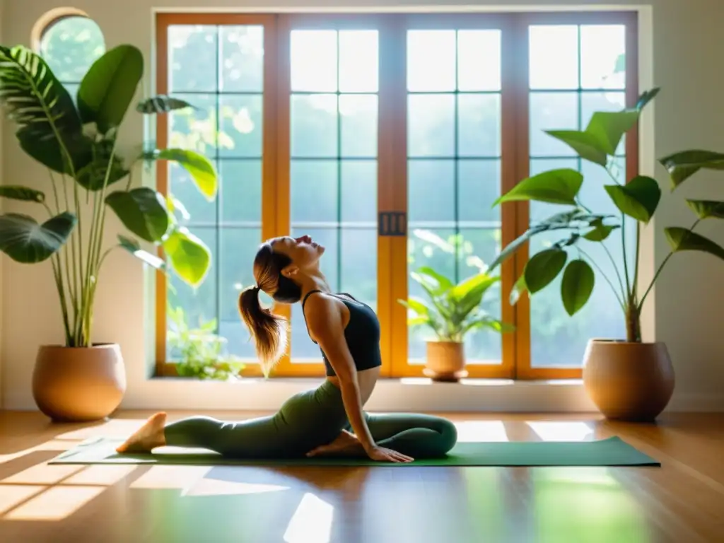 Yoga en casa: Serenidad y fuerza en postura del perro boca abajo Persona practicando yoga en una habitación serena y soleada, con ejercicios físicos para fortalecer el sistema inmunológico