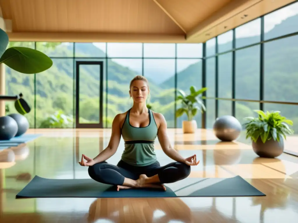 Yoga en gimnasio moderno, rodeado de naturaleza Persona practicando yoga en un moderno gimnasio con vista a la naturaleza