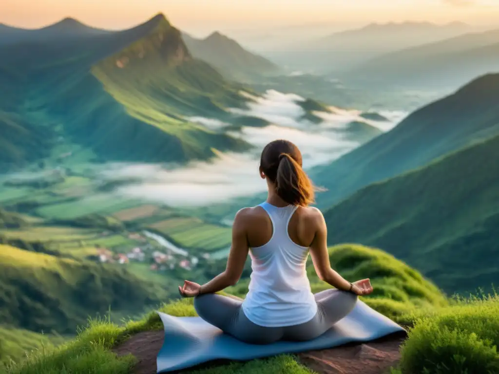Yoga al Amanecer: Paz y Equilibrio en la Cima Persona realizando yoga al amanecer en una montaña verde, transmitiendo paz y vitalidad
