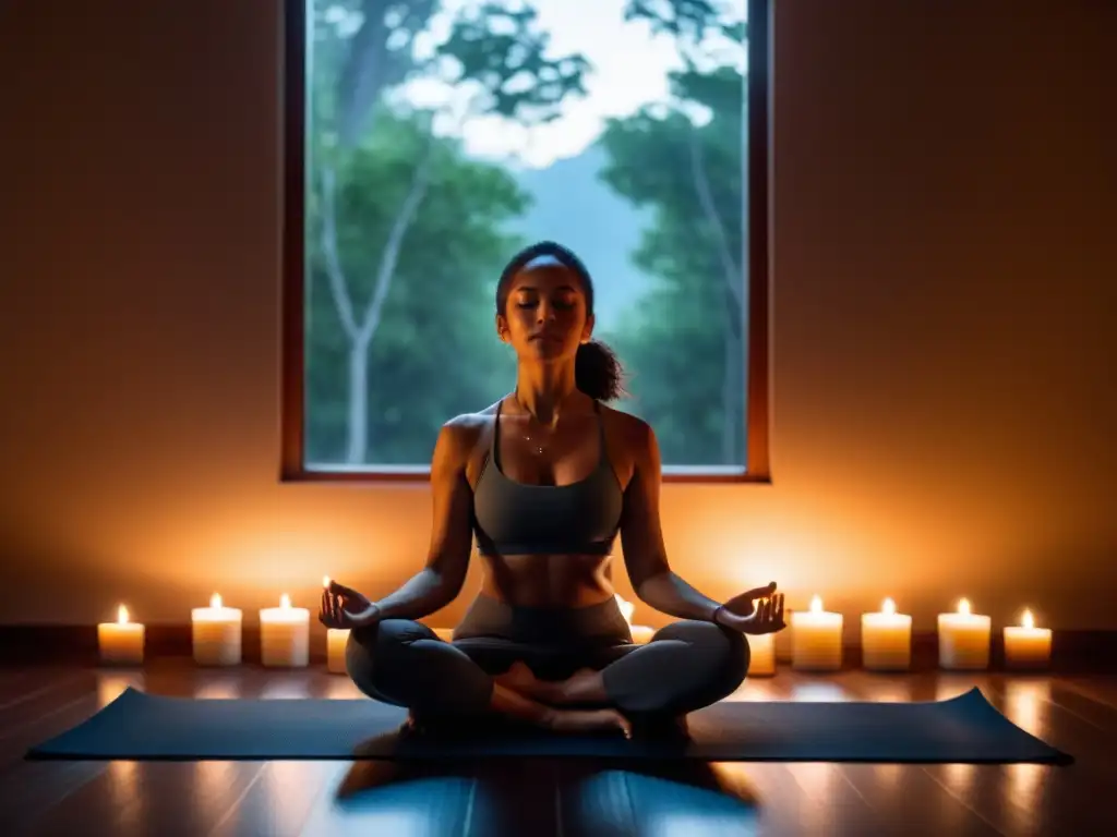 Yoga Nidra: Paz interior en la penumbra Persona practicando Yoga Nidra en habitación tranquila iluminada por velas, beneficios para sistema inmunológico