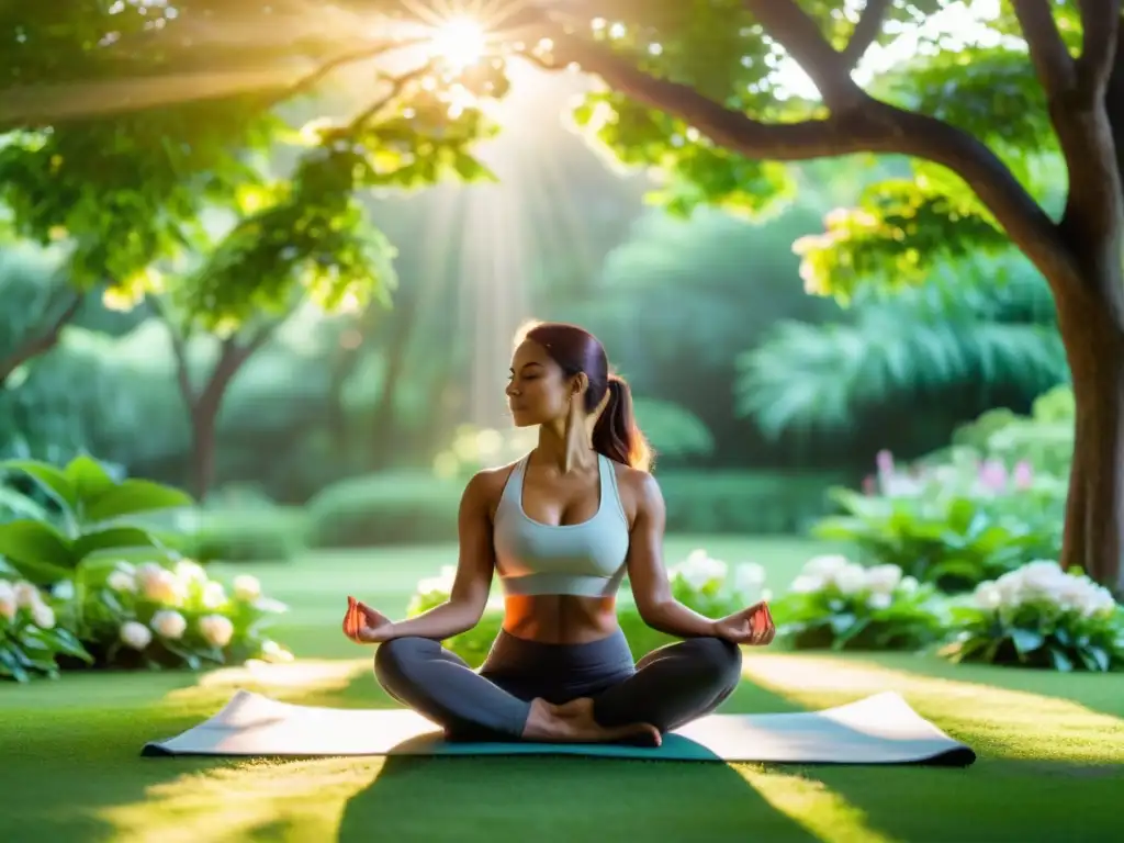 Yoga en la Naturaleza: Paz y Vitalidad Una persona practicando yoga en un parque exuberante, rodeada de árboles altos y flores vibrantes