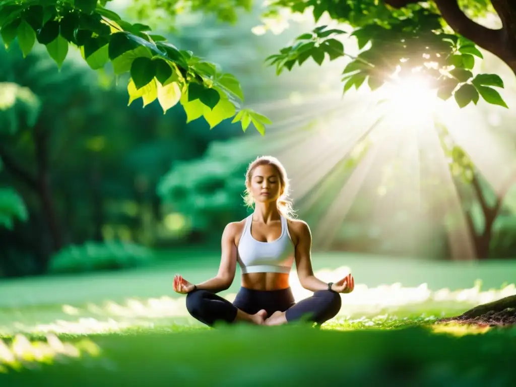 Persona practicando yoga en un parque verde, transmitiendo calma y fuerza interior