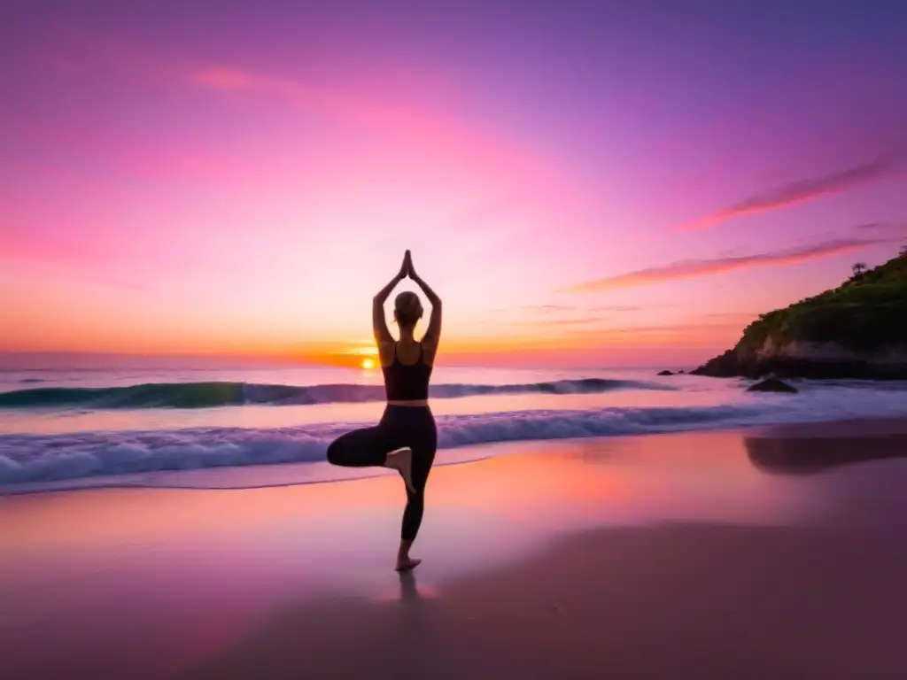 Persona practicando yoga al amanecer en una playa solitaria, rodeada de aguas tranquilas y un cielo colorido